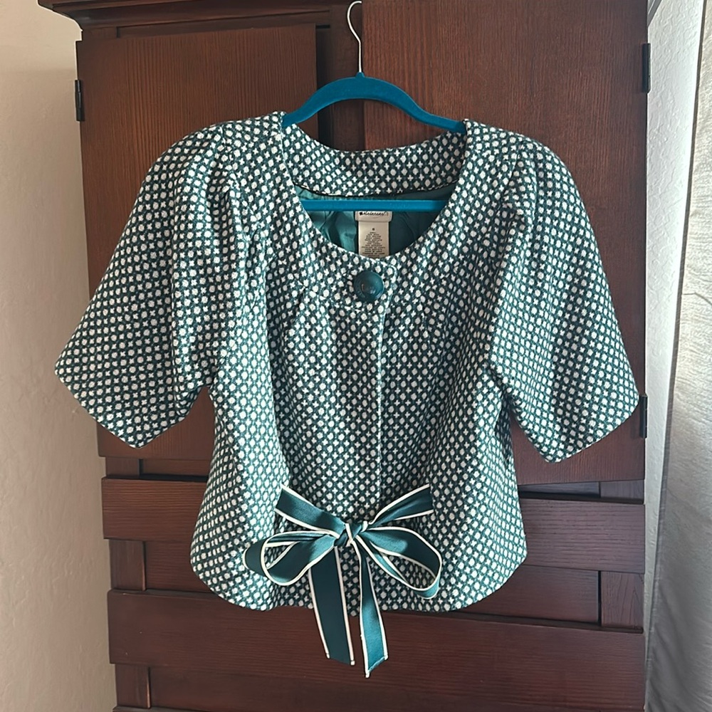 Anthropologie Teal and White Patterned Short Jacket with Ribbon Tie